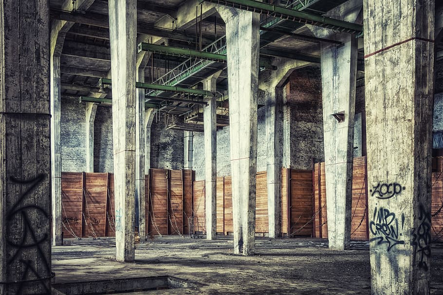 white and brown concrete interior building, hall, lost places HD wallpaper