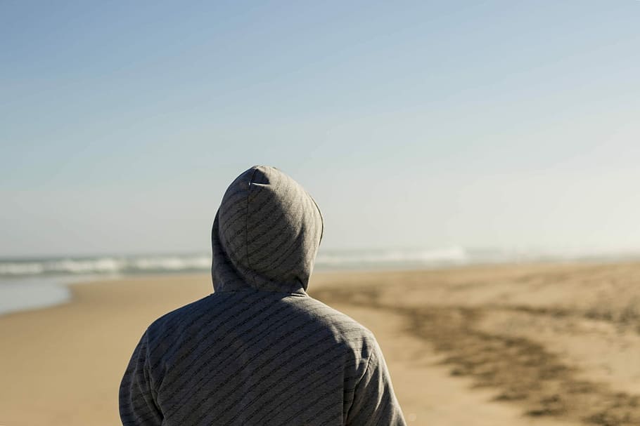 person wearing gray hooded top facing seashore, untitled, beach HD wallpaper