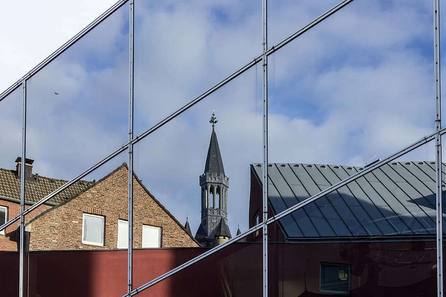 steeple, tower, mirroring, facade, window, reflection, sky HD wallpaper