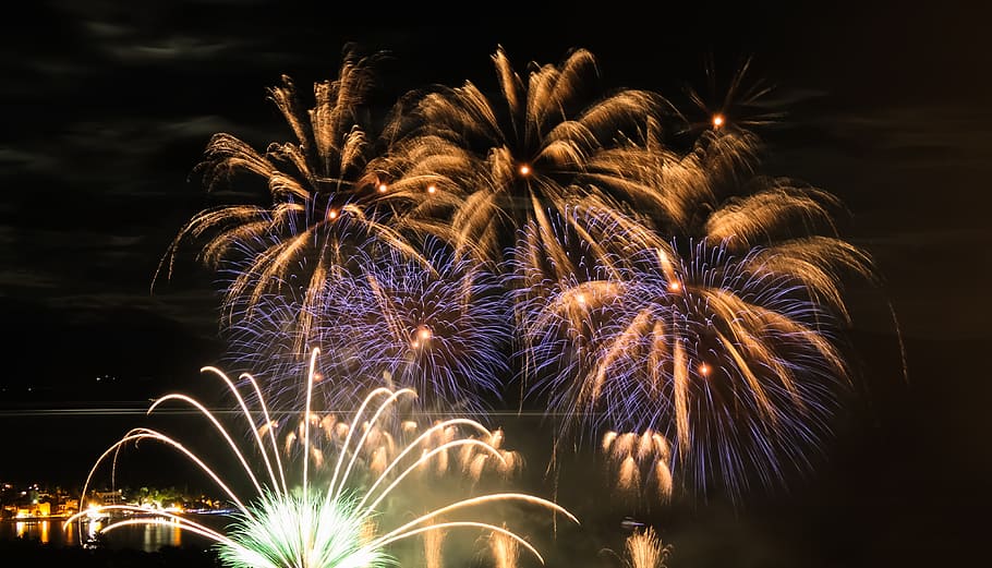 fireworks at nighttime aerial photography, blast, light, lights HD wallpaper