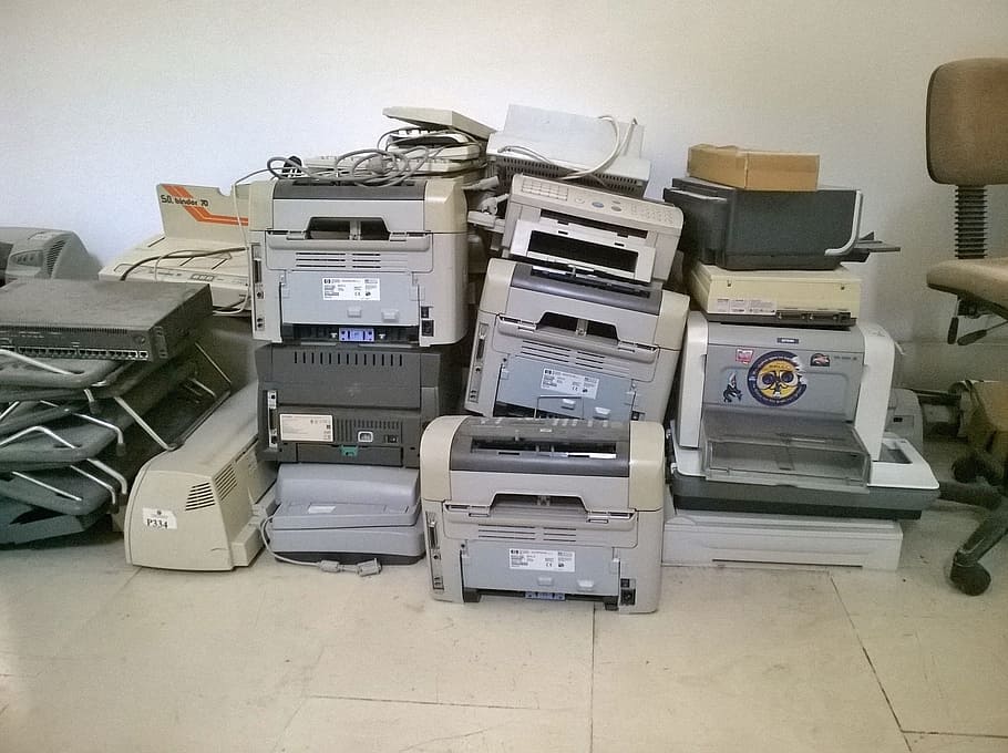 stacked multi-funtion printers, old, abandoned, recycling, technology HD wallpaper