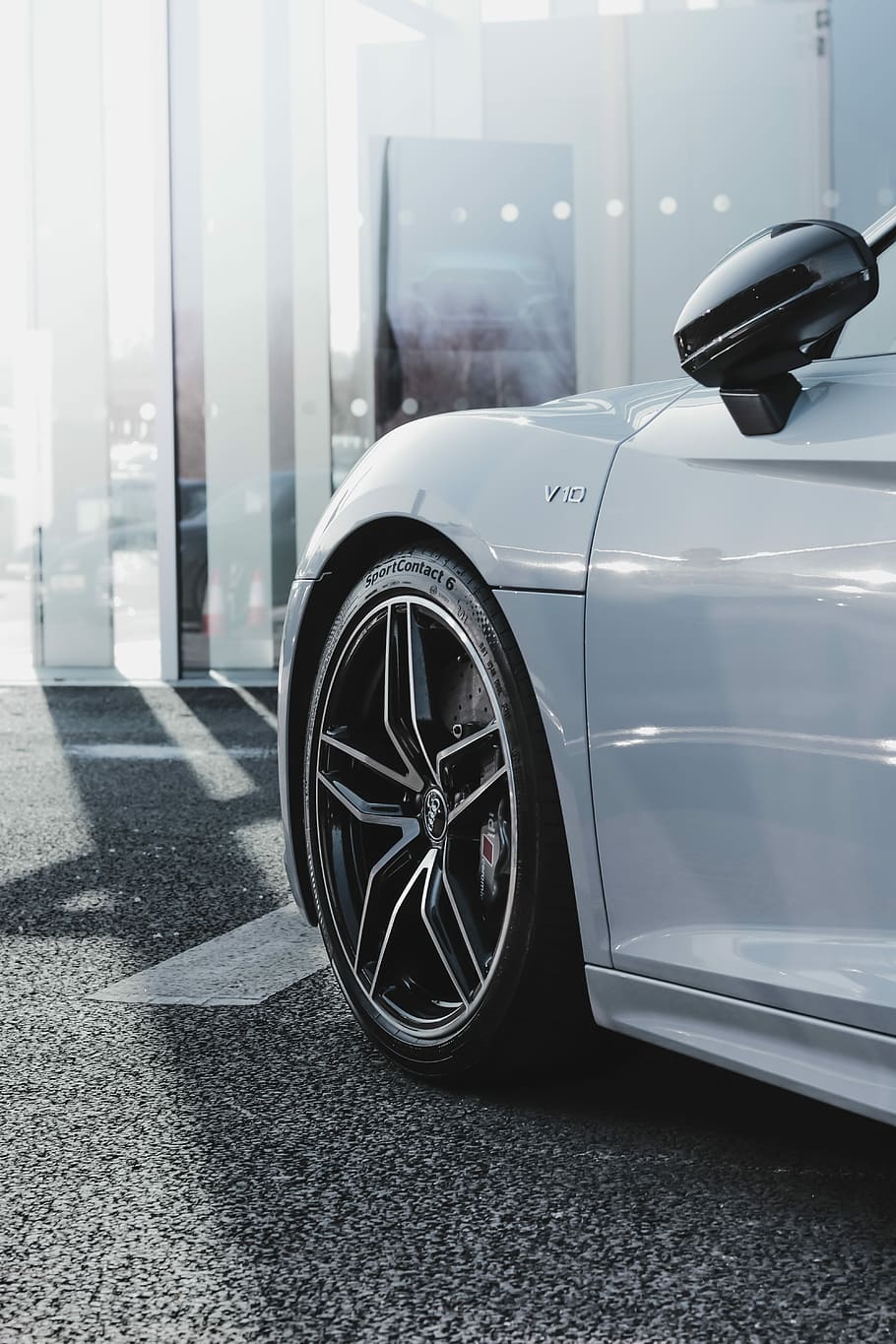 silver V13 car, white car parked on gray asphalt, wheel, sunlight HD wallpaper