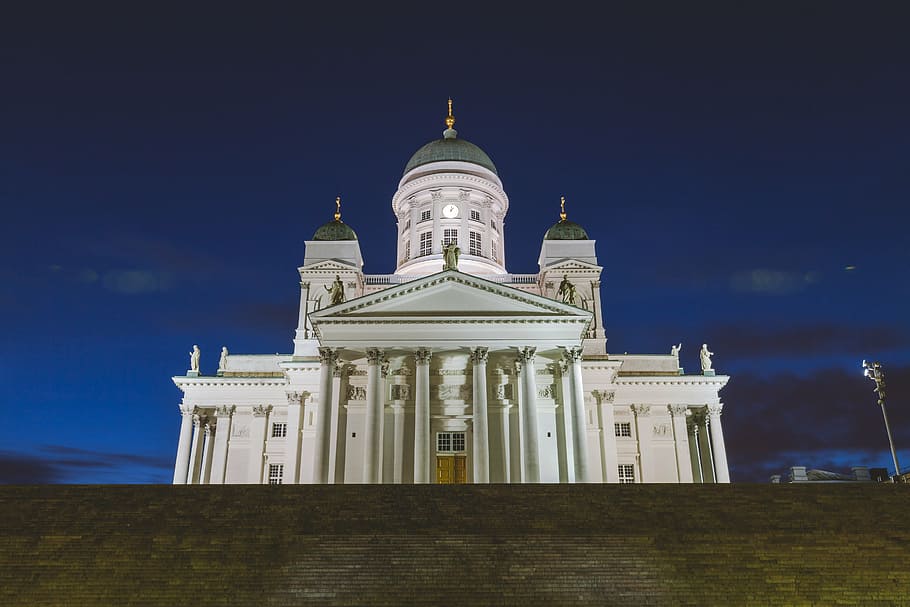 white mosque during night, cathedral, church, building, helsinki