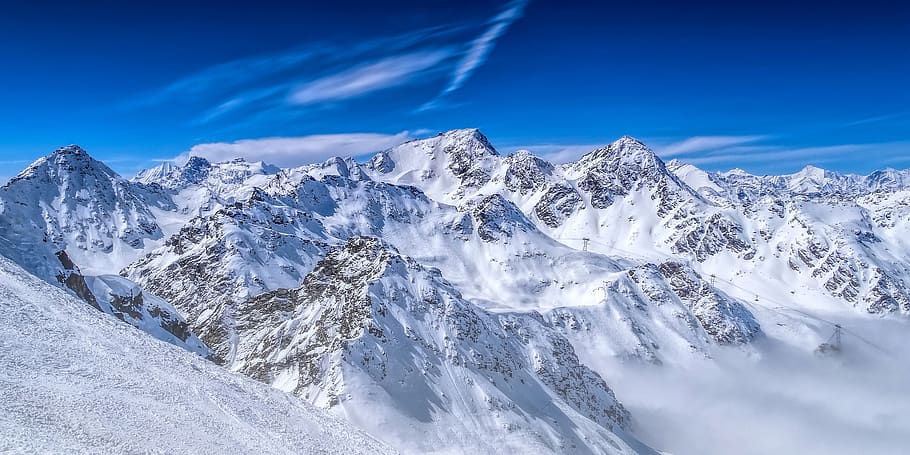 alps, mountains, lift, panorama, snow, austria, snowy alps, HD wallpaper