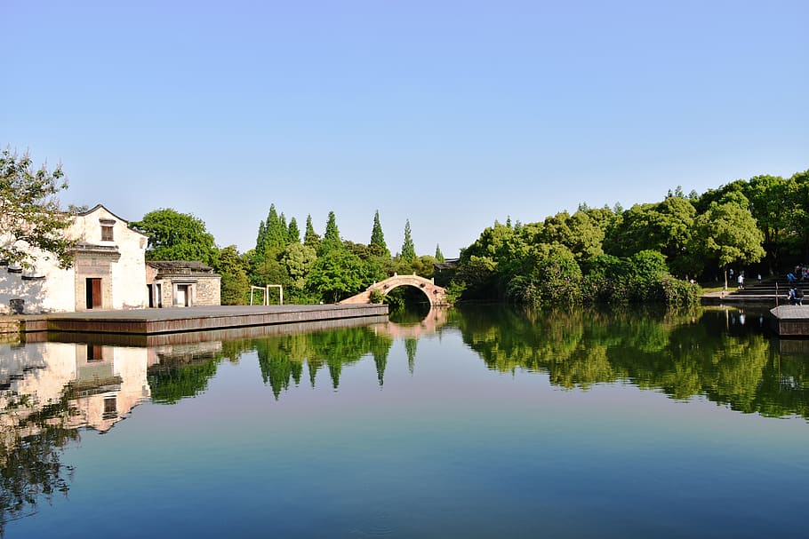 waters, lake, reflection, river, tree, sky, built structure HD wallpaper