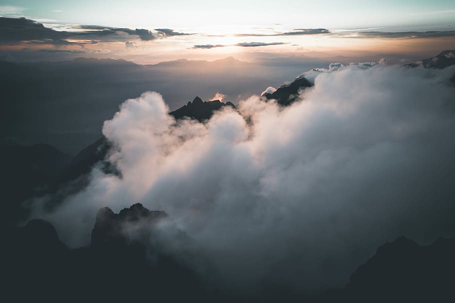 white clounds, white clouds over mountains during daytime, sunrise HD wallpaper