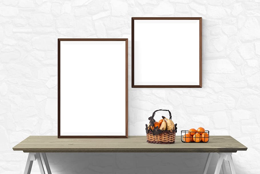 orange fruits on gray table, poster, mockup, wall, template HD wallpaper