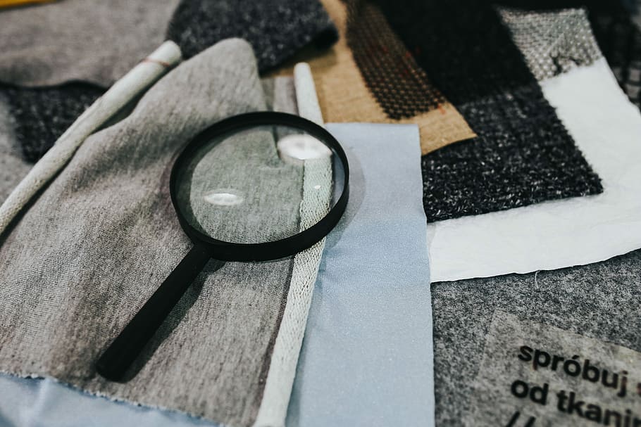 Magnifying glass with fabric on a table, material, cloth, textile HD wallpaper