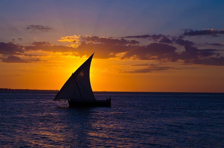 sunset, boat, sail, zanzibar, relax, sea, water, ocean, travel