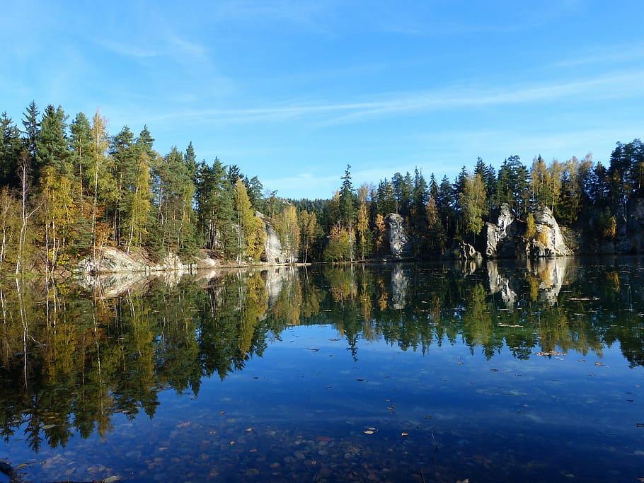 Lake, Adrspach, Trees, Water, autumn, travel, stones, reflection