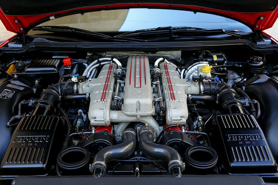 black and gray Ferrari vehicle engine, car, performance, red
