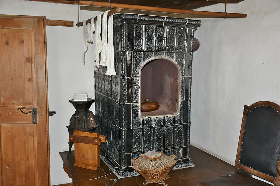 black burner on table inside white room, oven, tiled stove, farmhouse, HD wallpaper