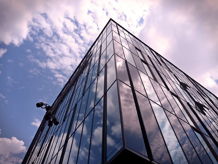 building, angle, purple, white, blue, business house, clouds HD wallpaper
