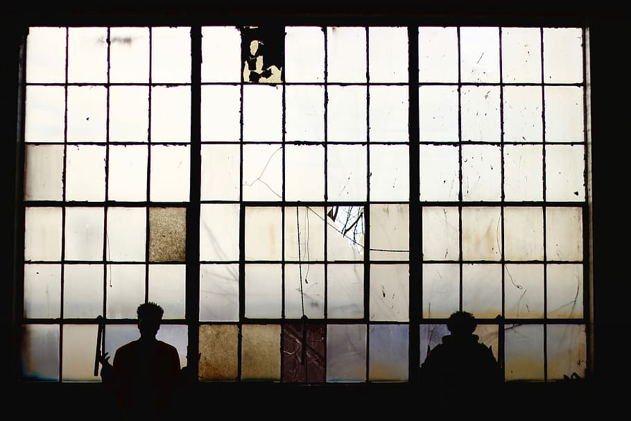 silhouette of people standing near window, two people inside building with glass window HD wallpaper