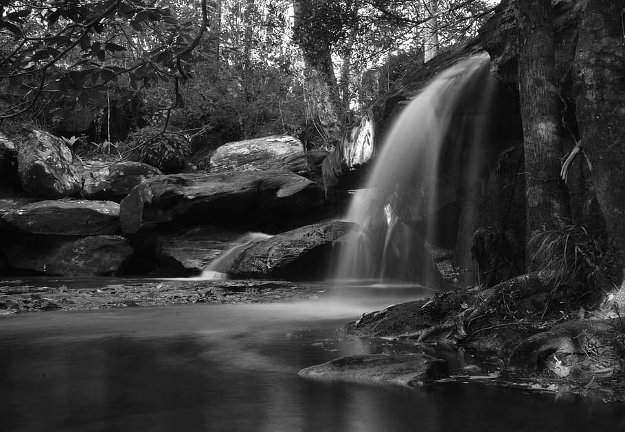 waterfall, mountain, tree, long exposure, motion, forest, rock HD wallpaper