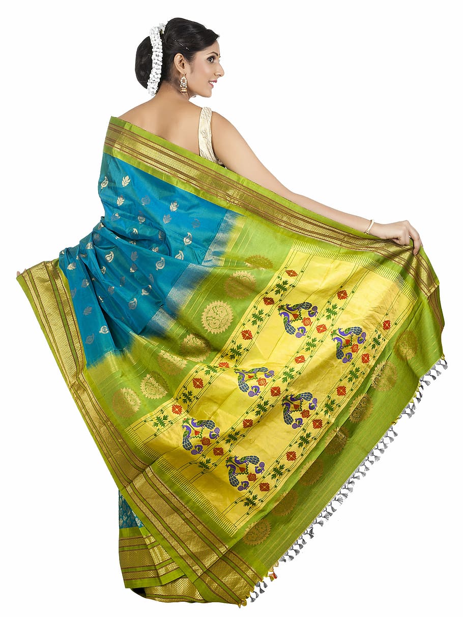 women's green and blue floral sari dress, wedding saree, collection