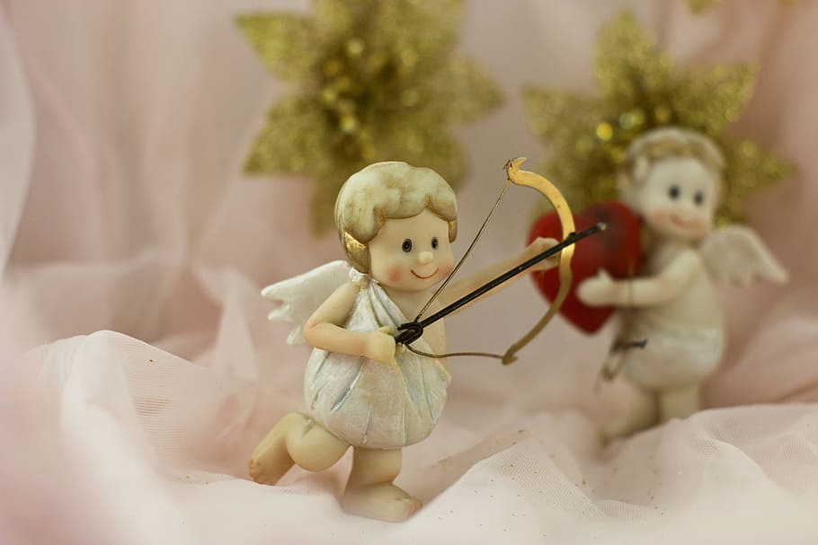 angel with bow ceramic figurine, heart, cute, romance, wings, HD wallpaper