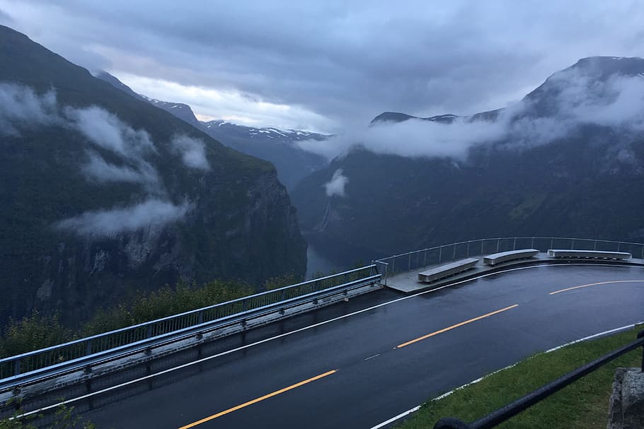 norway, road, clouds, mountains, sky, landscape, path, cloudy HD wallpaper