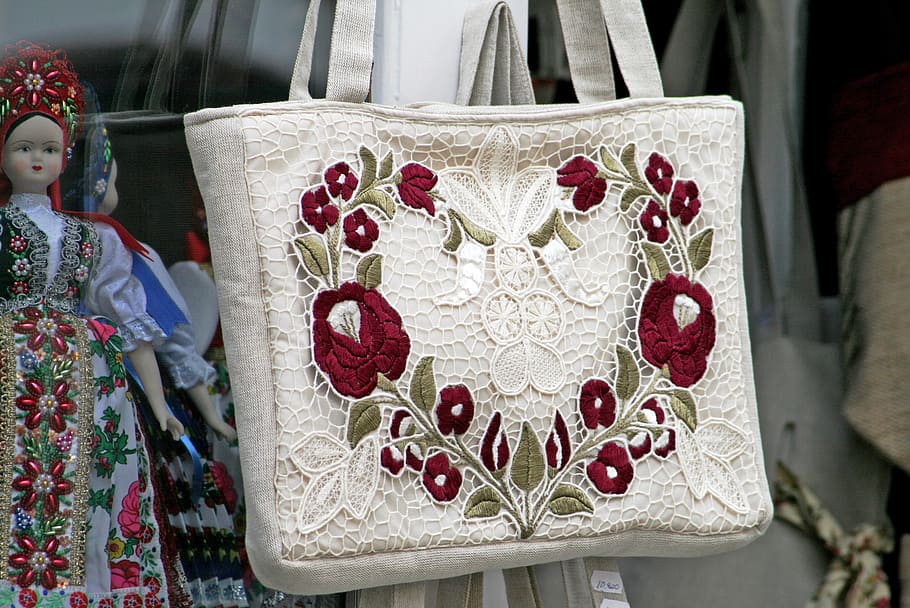 closeup photo of white and red floral tote bag, shop, bags, sale, HD wallpaper