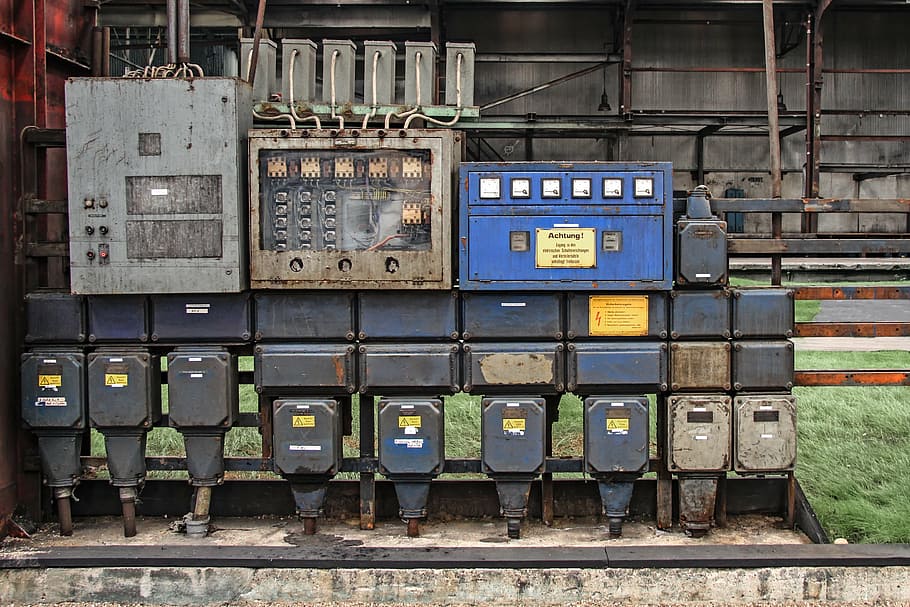 current, power boxes, old, factory, industry, ironworks, no people