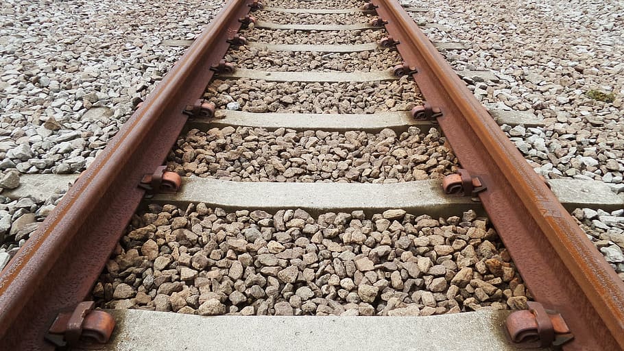 rail, train, stone, railway, railroad, track, perspective, rock HD wallpaper