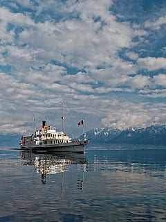 ship, boot, geneva, lake, lac, leman, water, clouds, mountains HD wallpaper