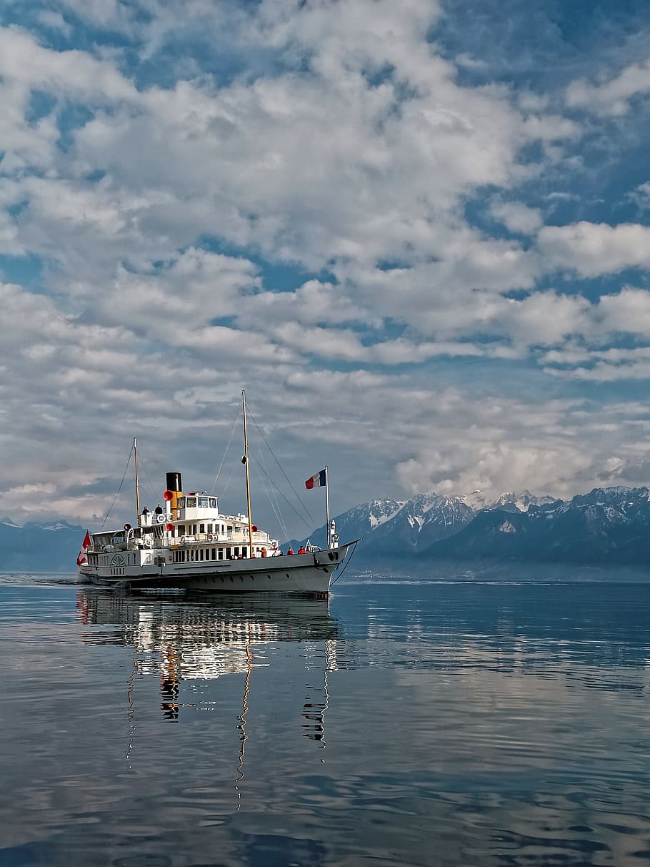 ship, boot, geneva, lake, lac, leman, water, clouds, mountains HD wallpaper