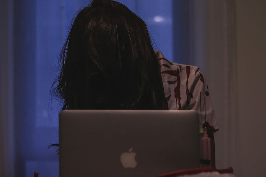 woman in brown and white top near silver MacBook, laptop, women, HD wallpaper