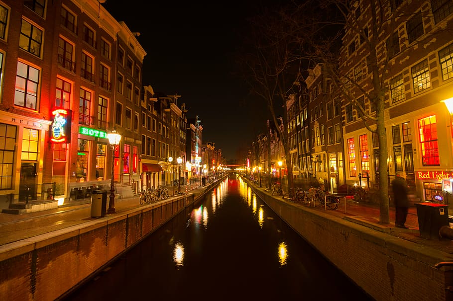 amsterdam, canal, lights, night, nightlife, red light district, HD wallpaper