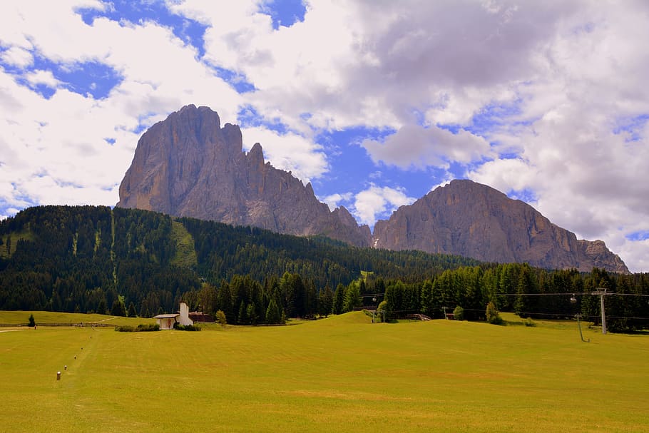 dolomites, mountain, prato, landscape, clouds, mountains, nature HD wallpaper
