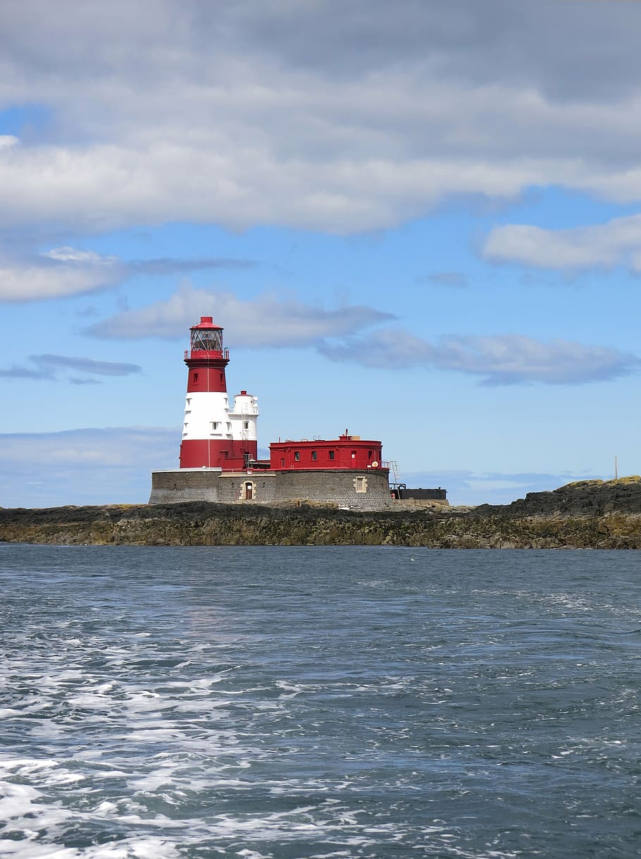 longstone, lighthouse, farne, island, red, white, sea, northumberland, HD wallpaper