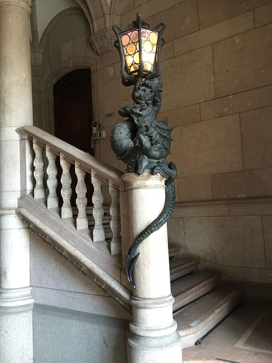 staircase, dragon, lamp, architecture, built structure, no people HD wallpaper