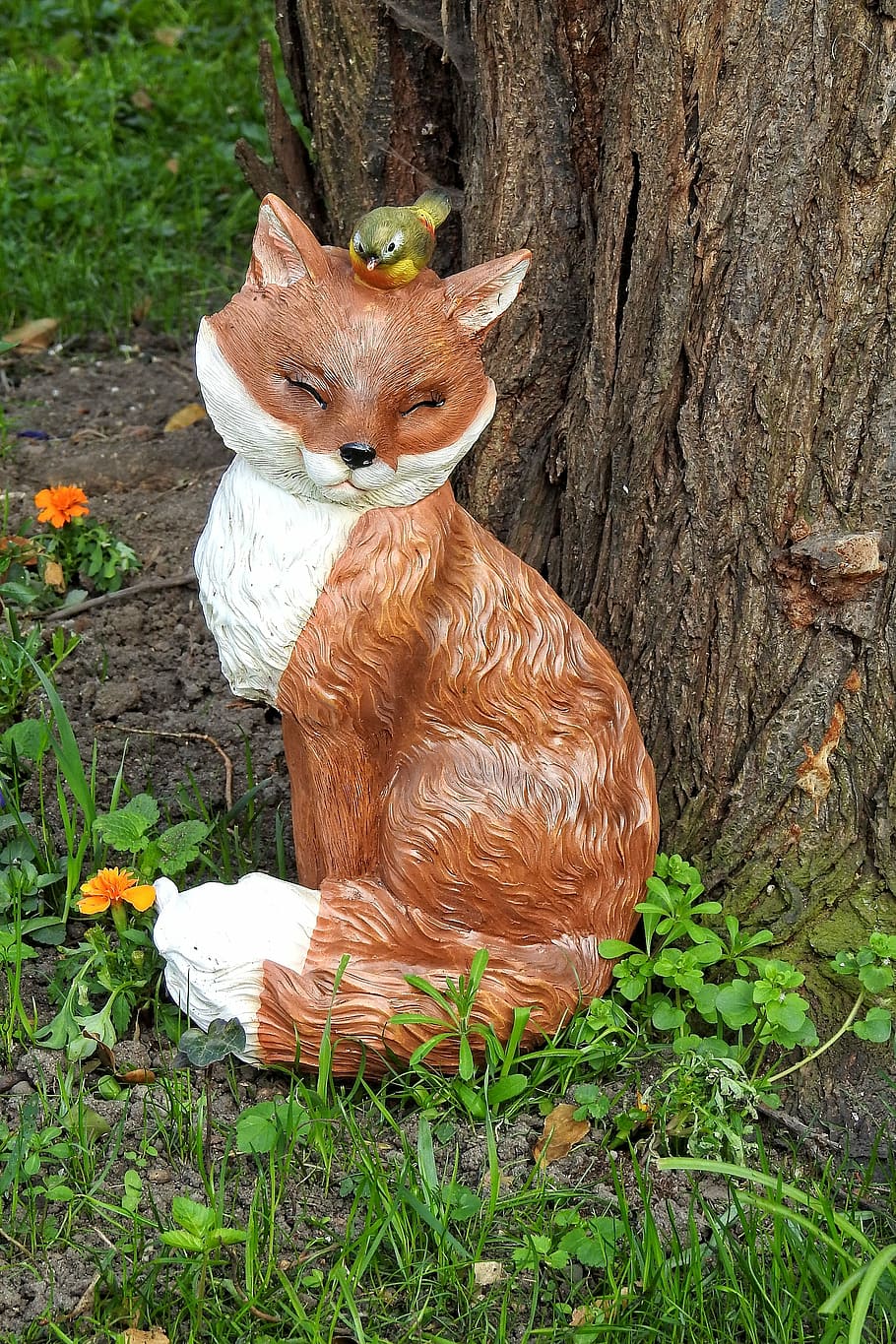 tree, bird bath, figure, fuchs, animal themes, plant, mammal HD wallpaper