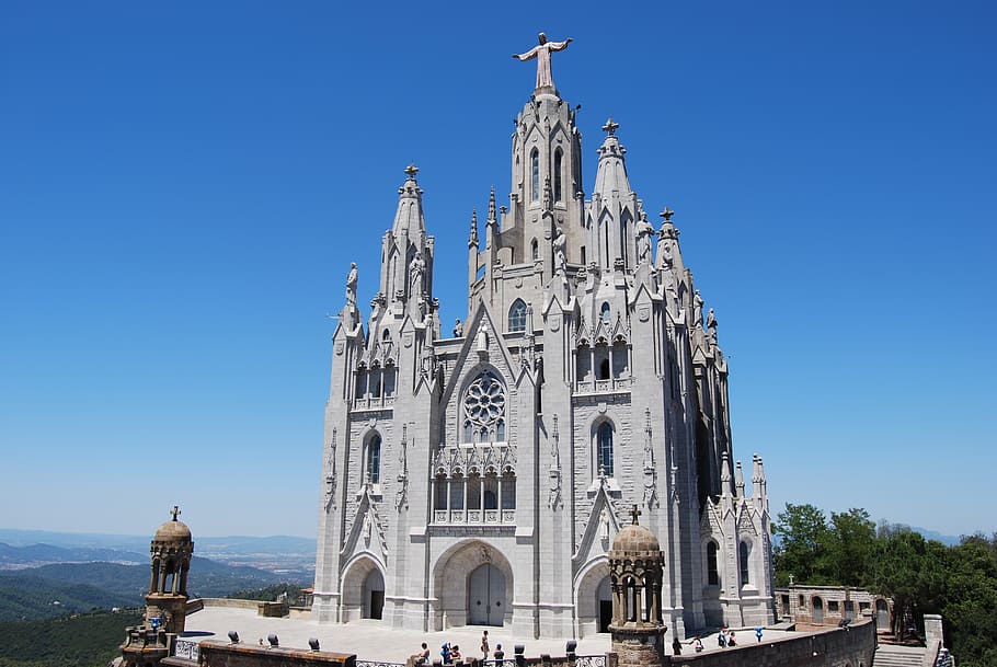 white concrete church, tibidabo, barcelona, catalonia, cathedral, HD wallpaper