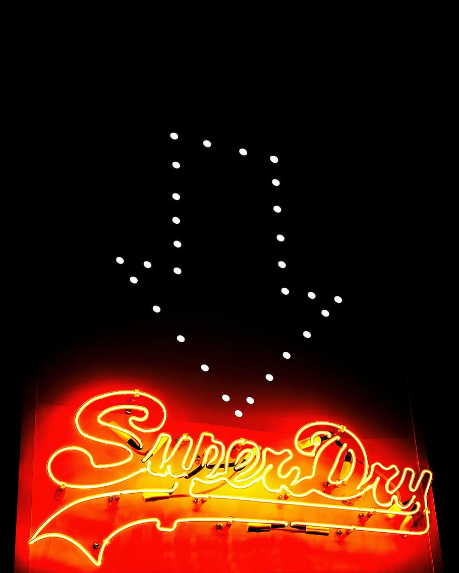 lighted Super Dry signage, red Super Dry neon light signage during night time, HD wallpaper