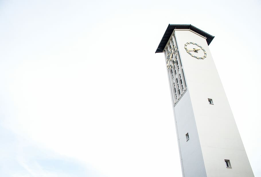 white building with clock, worm's eye-view photography of white concrete tower clock HD wallpaper