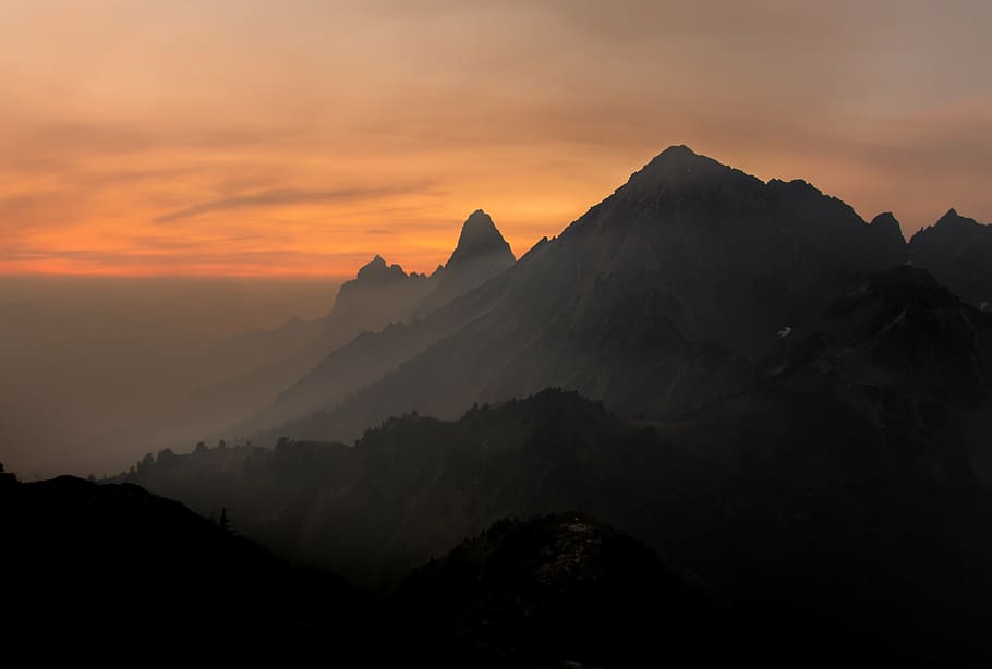 silhouette of mountain at golden hour, range, sunset, peaks HD wallpaper