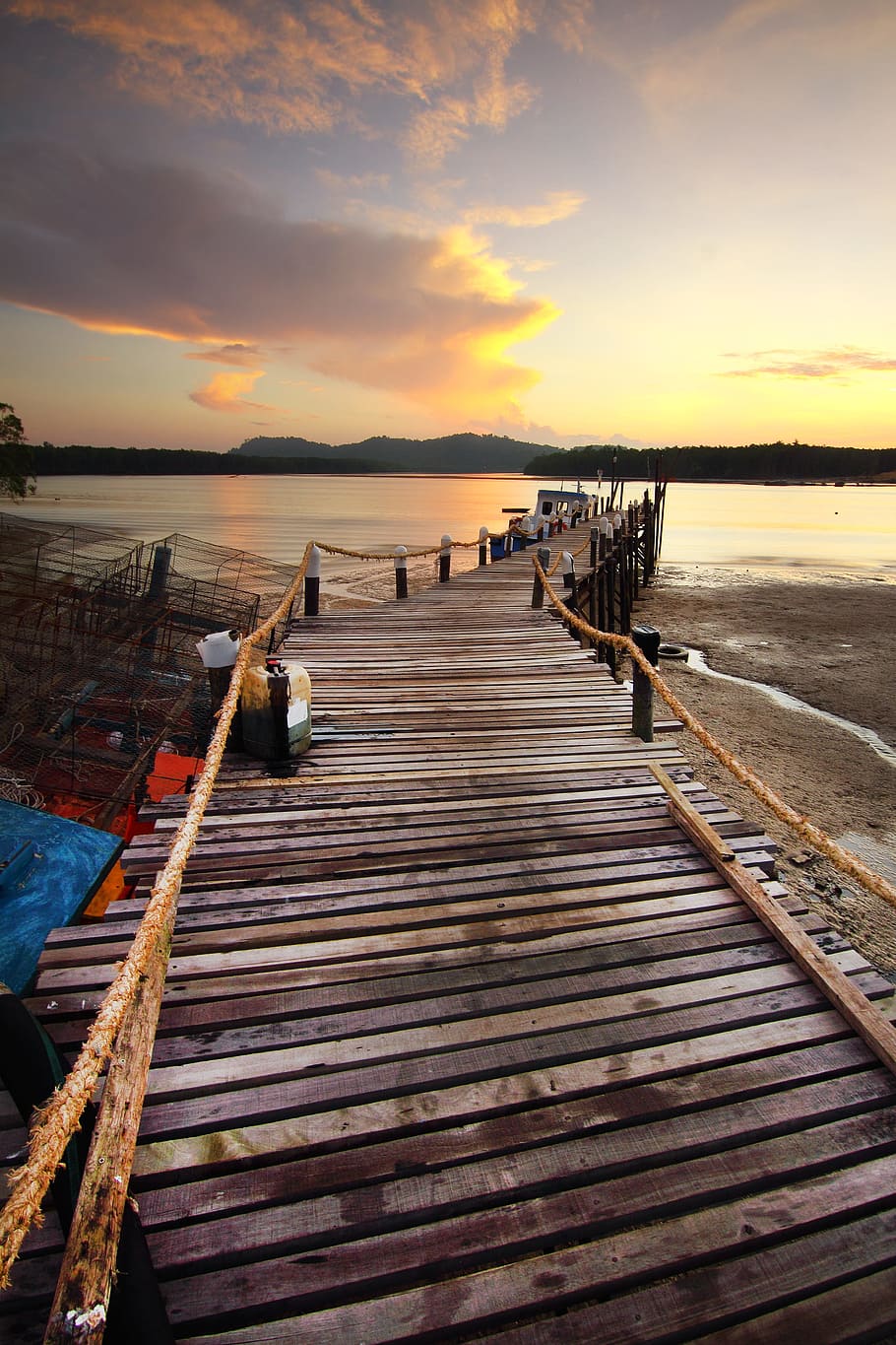 wood, sea, dawn, landscape, beach, boardwalk, clouds, dock, nature HD wallpaper