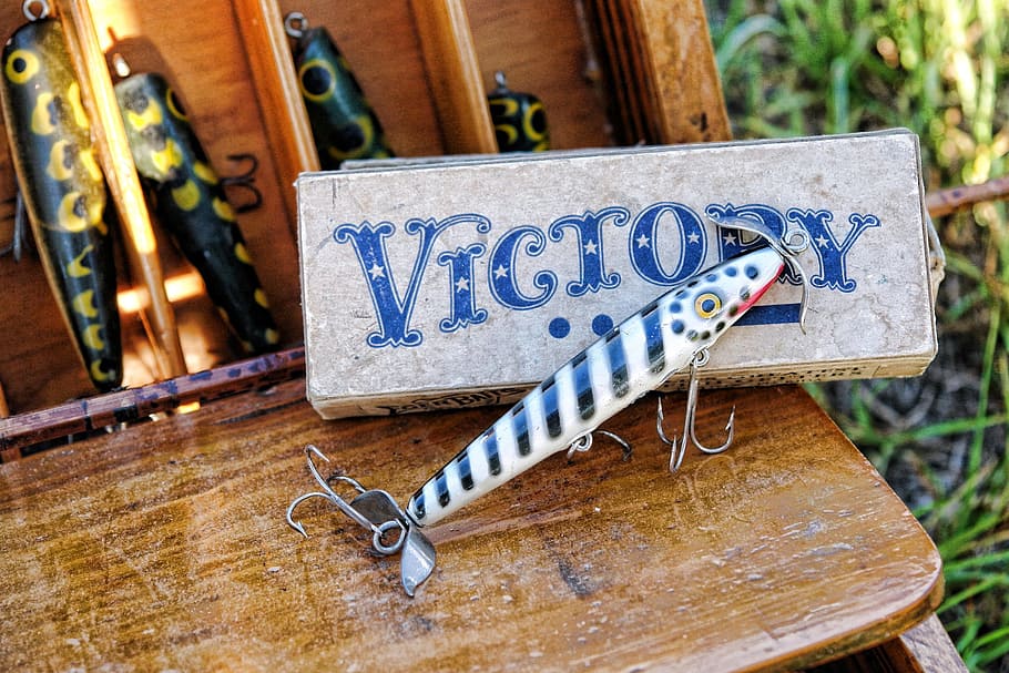 white and black fish bait on victory print box on wooden top surface