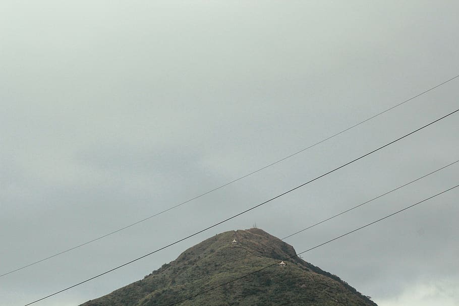 mountain, peak, summit, top, cables, wires, grey, weather, sky HD wallpaper