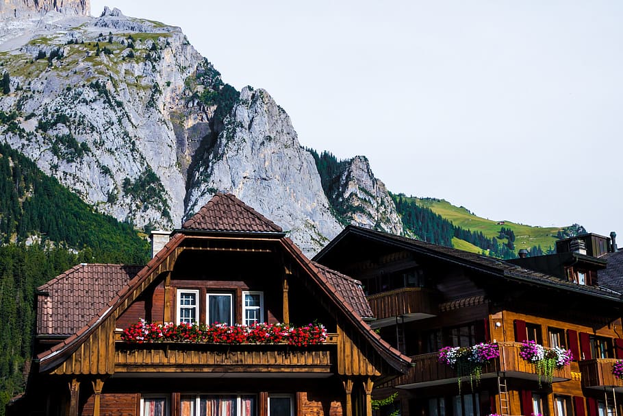 wood, landscape, mountains, houses, architecture, balcony, building HD wallpaper
