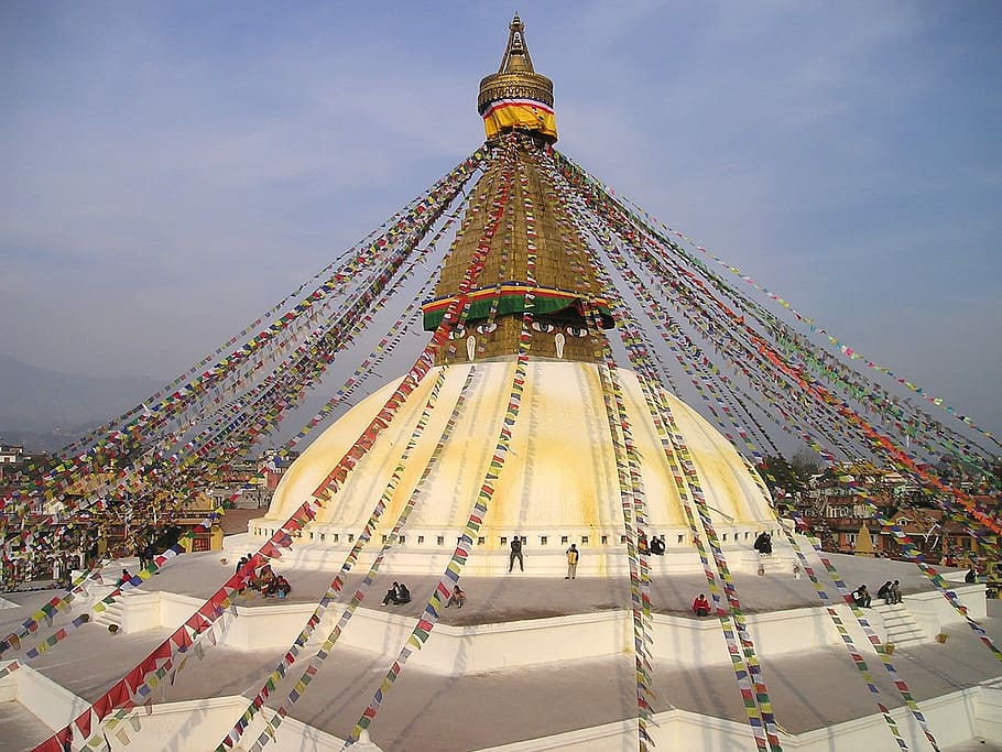 people standing on white and brown concrete dome, Nepal, Buddhism, HD wallpaper