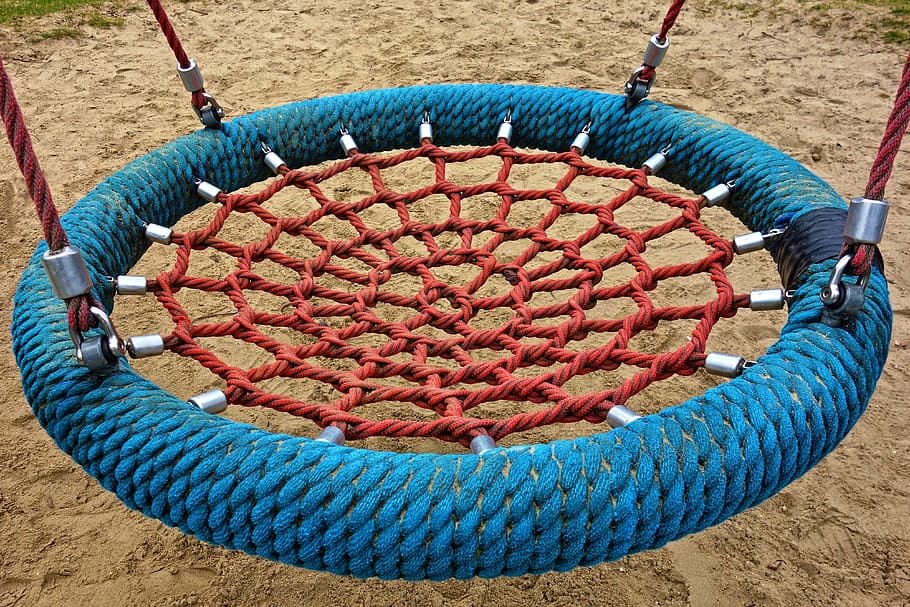 teal and red swing, rope swing, net, mesh, grid, play, playground HD wallpaper