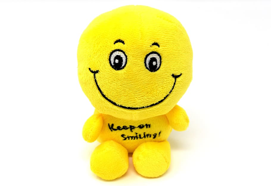 yellow smiley plush toy, laugh, funny, emotions, emoticon, cheerful