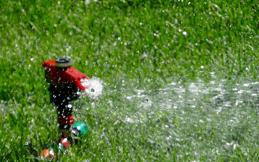 red water sprinkler emitting water, watering, grass, turf, landscape HD wallpaper
