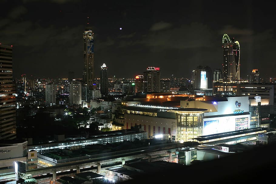 Night view of the Siam Square area in Bangkok, Thailand, dark, HD wallpaper