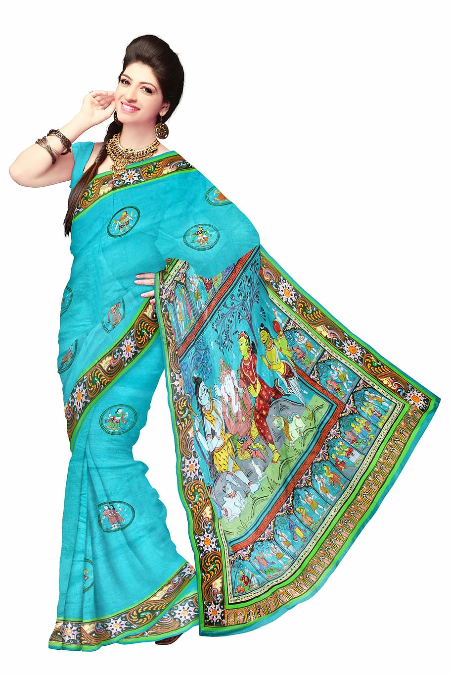 women's blue and multicolored floral sari illustration, Teal