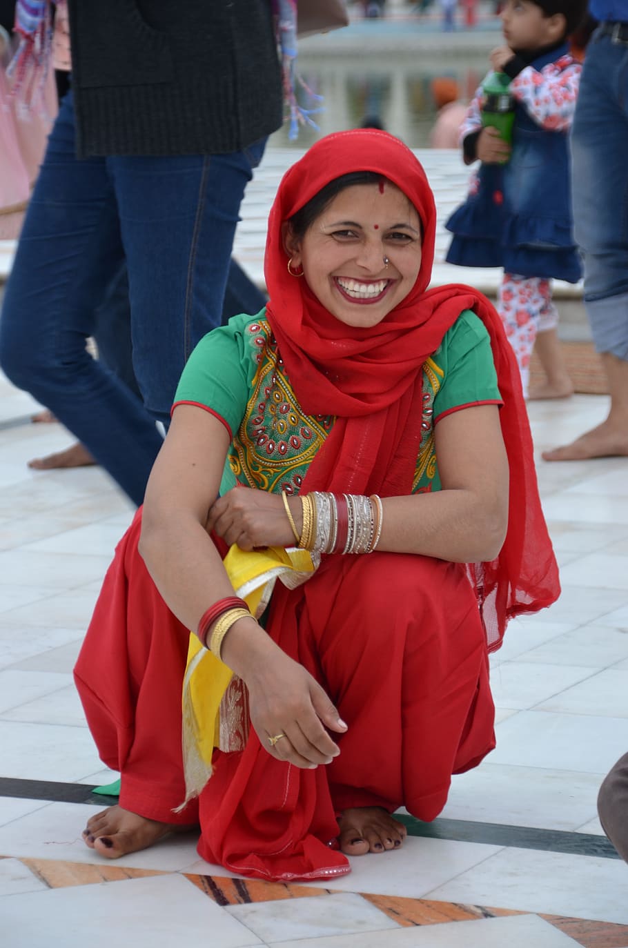 woman in red and green dress, india, costume, traditional, temple