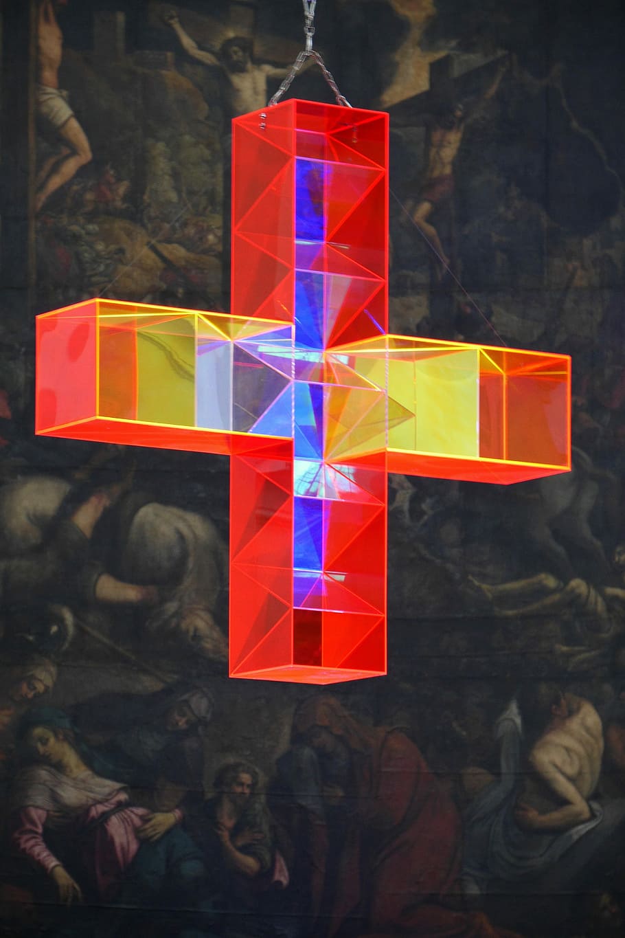 Würzburg, Light, Cross, kiliansdom, light cross, church, hanging, HD wallpaper