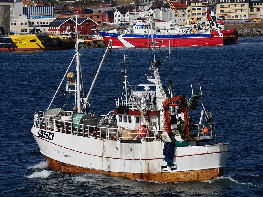 Norwegian Fishing Boat, heading out to sea, calm sea, nautical vessel